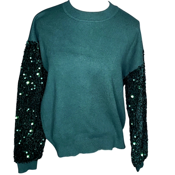Shopthemint.com Sequin Sleeves Knitted Sweatshirt Holidays Forest Green Sequins - Picture 4 of 13